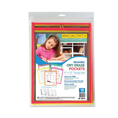 Office Jansan | C-Line 40810 Reusable 9 in. x 12 in. Dry Erase Pockets - Assorted Neon Colors (10/Pack) image number 0