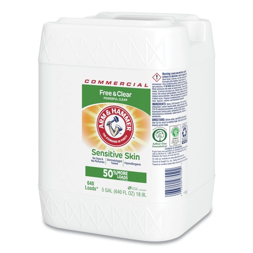 Labor Day Sale! Save $30 off $199! | Arm & Hammer 3320097550 5 Gallon HE Compatible Liquid Detergent Unscented 640 Loads Free and Clear Scent Jug image number 0