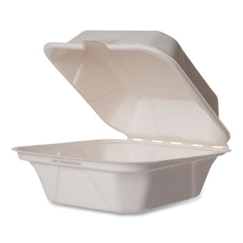 Vegware WHBRG-6 HW 5.9 in. x 5.9 in. x 2.9 in. Molded Fiber Compostable Sugarcane Clamshell Containers - White (400/Carton)