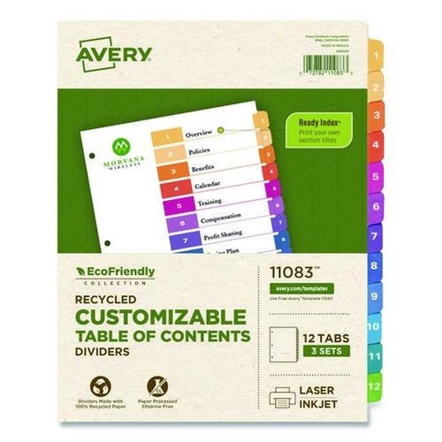 Office Jansan | Avery 11083 Ready Index 11 in. x 8.5 in. 12-Tab 1 to 12 Customizable Table of Contents Dividers with Multicolor Tabs - White (3/Pack) image number 0