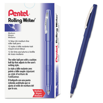Pentel Rolling Writer Medium 0.8 millimeter Stick Rollerball Pen - Blue Ink/Barrel (1-Dozen)