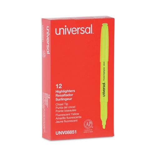 Office Jansan | Universal UNV08851 Chisel Tip Pocket Highlighters - Fluorescent Yellow (1 Dozen) image number 0