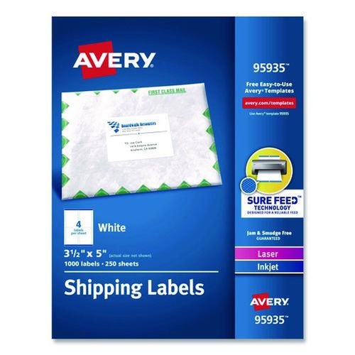 Office Jansan | Avery 95935 3.5 in. x 5 in. Shipping Labels-Bulk Packs for Inkjet/Laser Printers - White (4/Sheet, 250 Sheets/Box) image number 0