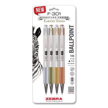 Zebra F-301 Signature Series Fine 0.7 mm. Retractable Ballpoint Pen - Black Ink/Assorted Earthy Tones Barrel (4/Pack)