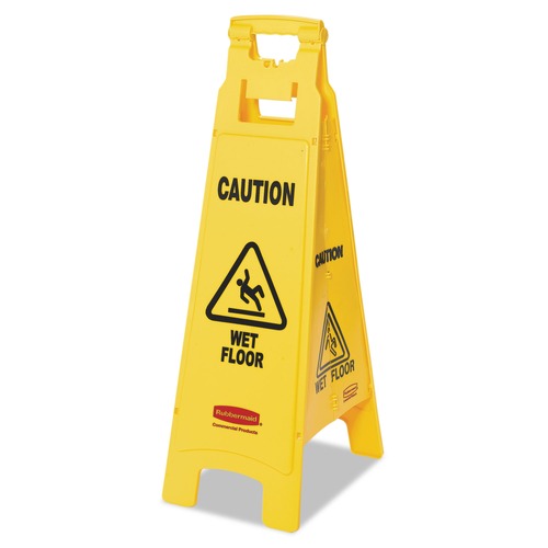 Floor Signs | Rubbermaid Commercial FG611477YEL 12 in. x 16 in. x 38 in. Four-Sided Caution Wet Floor Imprint Floor Sign - Yellow image number 0