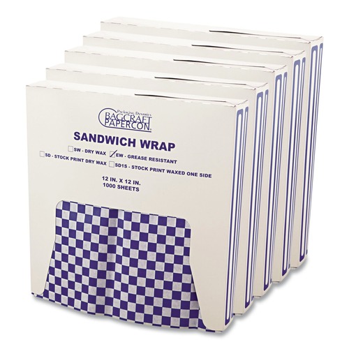 Food Service | Bagcraft P057850 12 in. x 12 in. Grease-Resistant Paper Wraps and Liners - Blue Check (5000/Carton) image number 0