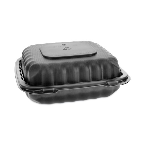 Pactiv Corp. YCNB08010000 EarthChoice 8 in. x 8 in. x 3 in. 1 Compartment Microwaveable Hinged Lid Takeout Containers - Black (200/Carton) image number 0