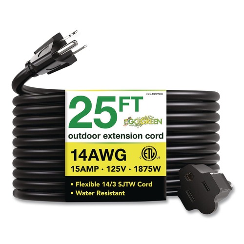 Office Electronics & Batteries | GoGreen Power GG-13825BK 25 ft. 15 Amps 14 AWG Outdoor Extension Cord - Black image number 0
