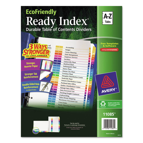 Office Jansan | Avery 11085 Ready Index 11 in. x 8.5 in. 26-Tab A to Z Customizable Table of Contents Dividers with Multicolor Tabs - White (1-Set) image number 0