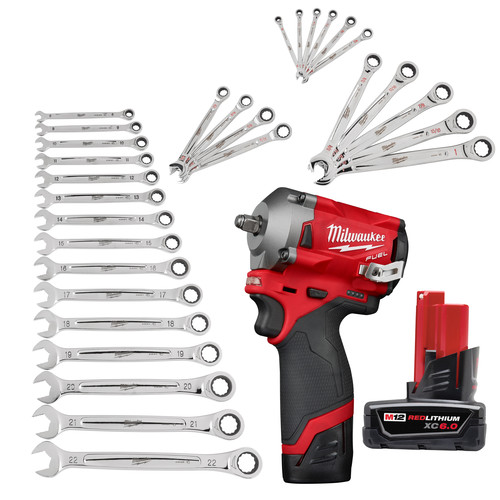 Milwaukee 2554 23 Cpo M12 Fuel Stubby 3 8 In Impact Wrench Kit Plus M12 Redlithium Xc 6 Ah Lithium Ion Battery Plus Metric Sae Ratcheting Combination Wrench Sets Cpo Outlets