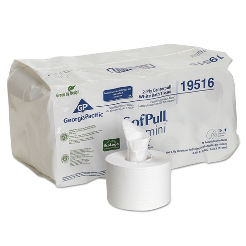 Cleaning & Janitorial Supplies | Georgia Pacific Professional 19516 2-Ply SofPull Mini Centerpull Septic Safe Bath Tissue - White (16 Rolls/Carton) image number 0