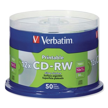 Verbatim 95159 700 MB/80 min. Printable Spindle 4X CD-RW Discs - Silver (50/Pack)
