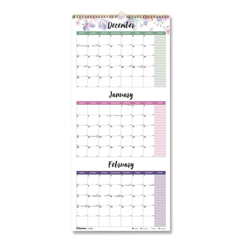 Calendars & Planners | Blueline C171129 14-Month (Dec to Jan): 2025 12.2-in x 27 in. 3-Month Wall Calendar - Colorful Leaves Artwork, White/Multicolor Sheets image number 0
