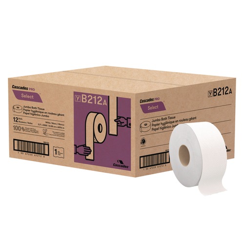 Cleaning & Janitorial Supplies | Cascades PRO B212 3.3 in. x 2000 ft. 1-Ply Septic-Safe Select Jumbo Bath Tissue - White (12 Rolls/Carton) image number 0