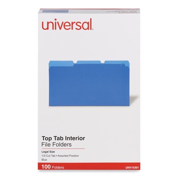 Universal 1/3-Cut Tabs: Assorted 11-pt Stock Interior File Folders - Legal Size/Blue (100/Box)