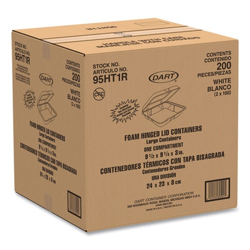 Food Trays, Containers, and Lids | Dart 95HT1R 9.25 in. x 9.5 in. x 3 in. Foam Hinged Lid Containers (200/Carton) image number 0