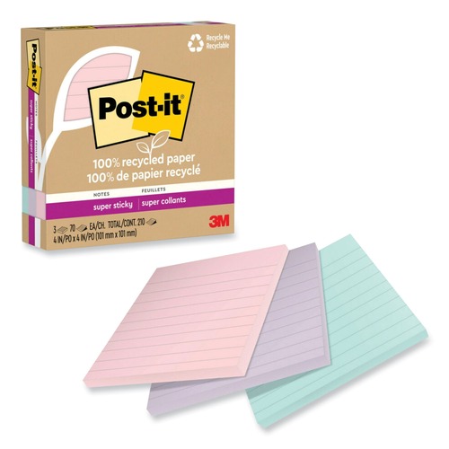 Notebooks & Pads | Post-it Notes Super Sticky 675R-3SSNRP 4 in. x 4 in. Wanderlust Pastels 70 Sheets Ruled 100% Recycled Paper Super Sticky Notes (3/Pack) image number 0