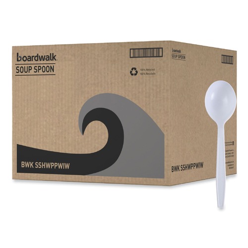 Cutlery | Boardwalk BWKSSHWPPWIW Heavyweight Wrapped Polypropylene Soup Spoon - White (1000/Carton) image number 0