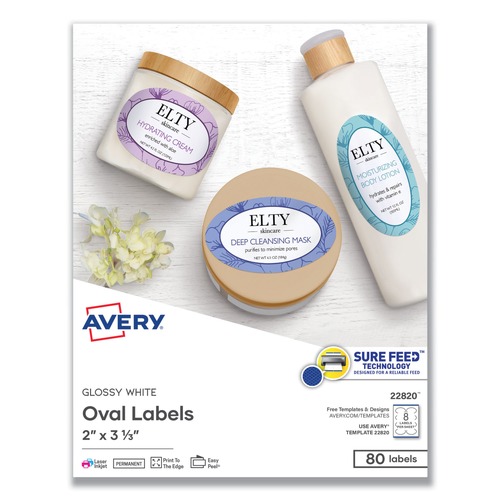 Office Jansan | Avery 22820 2 in. x 3.33 in. Labels with Sure Feed and Easy Peel - Oval Glossy White (80/Pack) image number 0