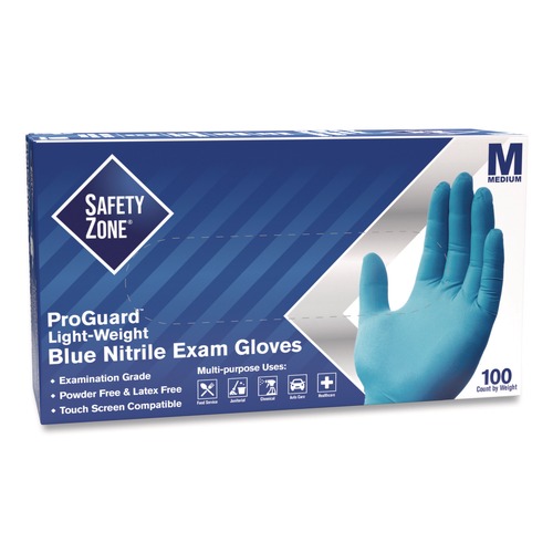 Disposable Gloves | Safety Zone GNPR-MD-1A ProGuard Nitrile Gloves, Powder-Free, 3 mil, Blue, Medium, 1,000/Carton image number 0