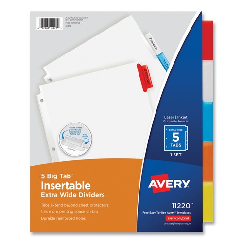 Office Jansan | Avery 11220 Big Tab 11.13 in. x 9.25 in. 5-Tab Single-Sided Copper Edge Reinforcing Insertable Divider - Assorted Tabs/White (1-Set) image number 0