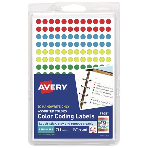 Office Jansan | Avery 05795 0.25 in. Diameter Handwrite Only Self-Adhesive Removable Round Color-Coding Labels - Assorted (192/Sheet, 4 Sheets/Pack) image number 0