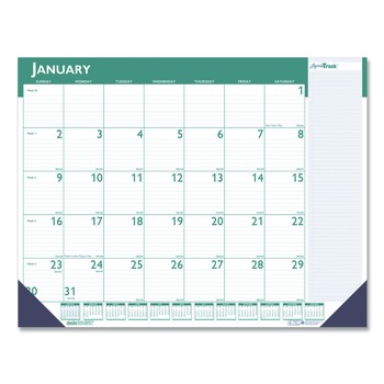House of Doolittle 148 22 in. x 17 in. 13-Month (Jan 2026-Jan 2027) Express Track Monthly Desk Pad Calendar - White/Teal Sheets/Teal Binding