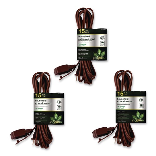 Office Electronics & Batteries | GoGreen Power GG-24815-3 15 ft. 13 Amps Household Extension Cord - Brown (3/Pack) image number 0