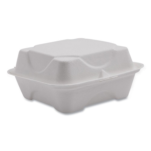 Food Trays, Containers, and Lids | Eco-Products EP-HC6NFA Vanguard 6 in. x 6 in. x 3 in. Renewable and Compostable Sugarcane Clamshells - White (500/Carton) image number 0