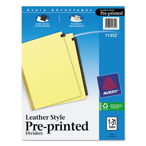 Office Jansan | Avery 11352 11 in. x 8.5 in. 31-Tab Preprinted Leather 1 to 31 Tab Dividers with Gold Reinforced Edge - Black/Buff (1-Set) image number 0
