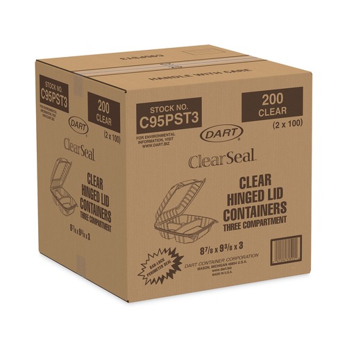 Food Trays, Containers, and Lids | Dart C95PST3 ClearSeal 9.4 in. x 8.9 in. x 3 in. 3-Compartments Hinged-Lid Plastic Containers (200/Carton) image number 0