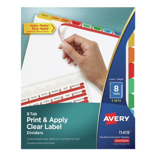 Office Jansan | Avery 11419 8-Tab Color Tabs 11 in. x 8.5 in. Traditional Color Tabs Print and Apply Index Maker Clear Label Dividers (5/Pack) image number 0