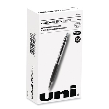 uni-ball Signo 207 Medium 0.7 millimeter Retractable Needle Point Gel Pen - Black Ink/Clear/Black Barrel (1-Dozen)
