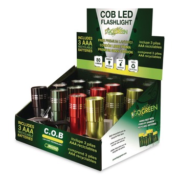 GoGreen Power GG-113-COBD12 COB LED Flashlights with Display Case, 3 AAA Batteries (Included), Assorted Colors, 12/Pack