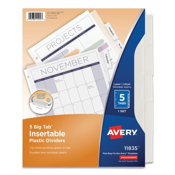 Avery 11835 Big Tab 11 in. x 8.5 in. 5-Tab Insertable Plastic Dividers - Clear (1-Set)