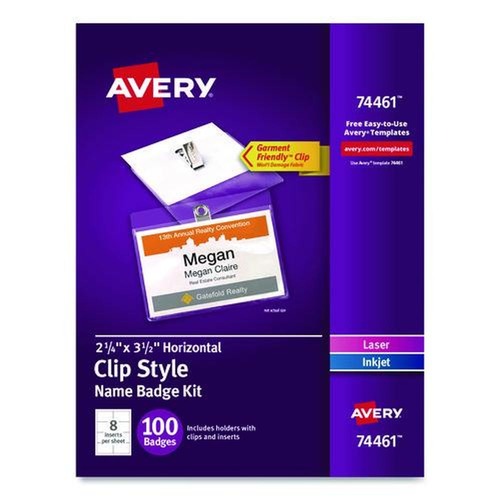 Label & Badge Holders | Avery 74461 3.5 in. x 2.25 in. Top Load Clip-Style Badge Holder with Laser/Inkjet Insert - White (100/Box) image number 0