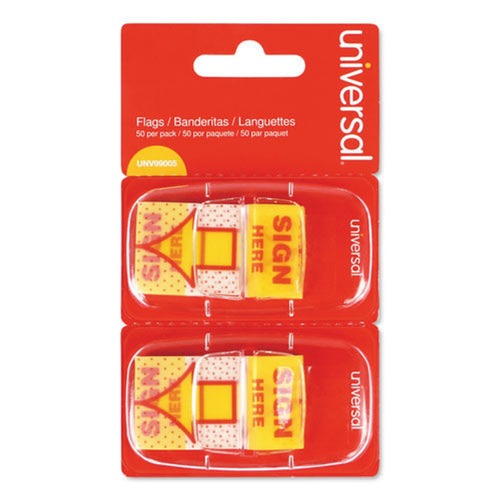 Office Jansan | Universal UNV99005 "Sign Here" Arrow Page Flags - Yellow/Red (50 Flags/Dispenser, 2 Dispensers/Pack) image number 0