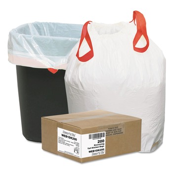 PRODUCTS | Draw 'n Tie WEB1DK200 Heavy-Duty Trash Bags, 13 Gal, 0.9 Mil, 24.5-in X 27.38-in, White, 200/box