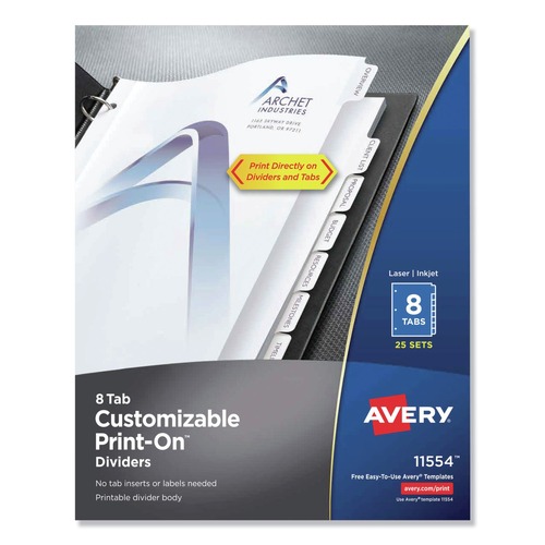  | Avery 11554 Print-On 11 in. x 8.5 in. 8-Tab 3-Hole Customizable Punched Dividers - White (200/Pack) image number 0
