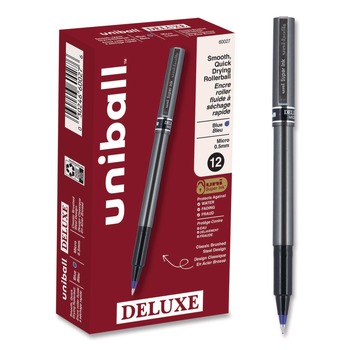 uni-ball Deluxe Extra-Fine 0.5 mm Rollerball Pen - Blue Ink/Metallic Gray/Black/Blue Barrel (1-Dozen)