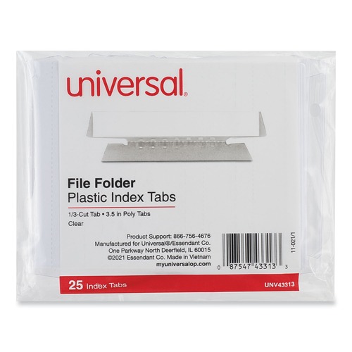 Office Jansan | Universal UNV43313EE 3.7 in. Wide 1/3-Cut Hanging File Folder Plastic Index Tabs - Clear (25/Pack) image number 0