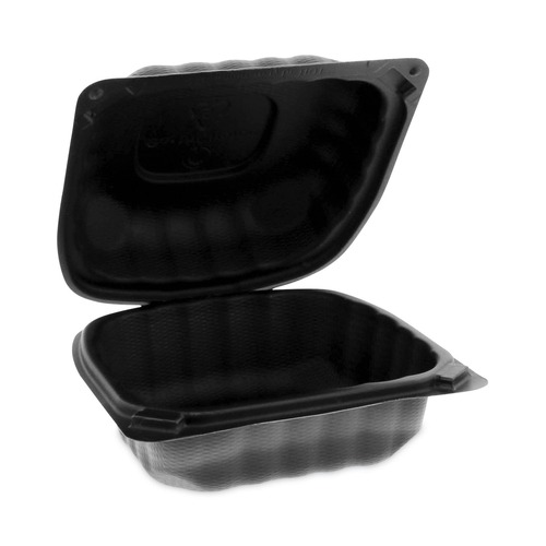 Food Trays, Containers, and Lids | Pactiv Corp. YCNB06000000 EarthChoice 1 Compartment 6 in. x 6 in. x 3 in. Hinged Lid Takeout Containers - Black (400/Carton) image number 0