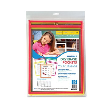 C-Line Super Heavy-Duty Top Load 9 in. x 12 in. Insert Reusable Dry Erase Pockets - Clear Front, Assorted Neon Border (10/Pack)