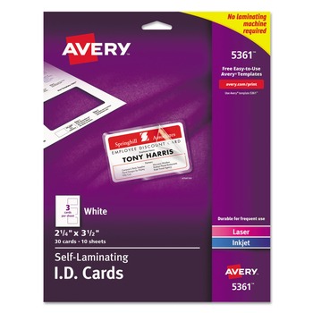 Avery 2-1/4 in. x 3-1/2 in. Laminated Laser/Inkjet ID Cards - White (30/Box)
