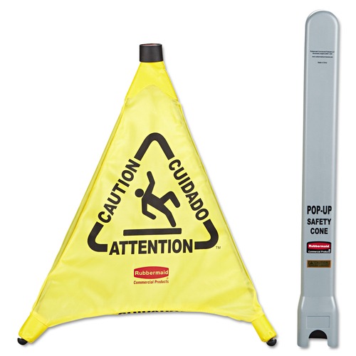 Safety Equipment | Rubbermaid Commercial FG9S0000YEL Fabric 3-Sided Multilingual 21 in. x 21 in. x 20 in. "Caution" Pop-Up Safety Cone - Yellow image number 0