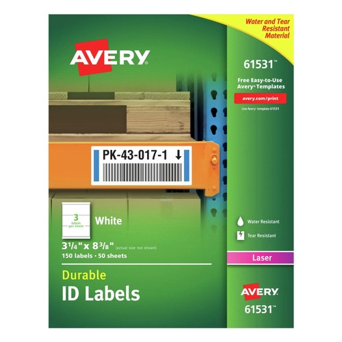 Avery 61531 Durable Laser Printer 3.25 in. x 8.38 in. Permanent ID Labels with TrueBlock Technology - White (3-Piece/Sheet 50-Sheet/Pack) image number 0