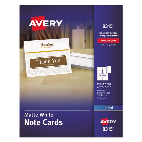 Office Jansan | Avery 08315 85 lbs. 4.25 in. x 5.5 in. Note Cards with Matching Envelopes for Inkjet Printers - Matte White (60 Cards, 2 Cards/Sheet, 30 Sheets/Pack) image number 0