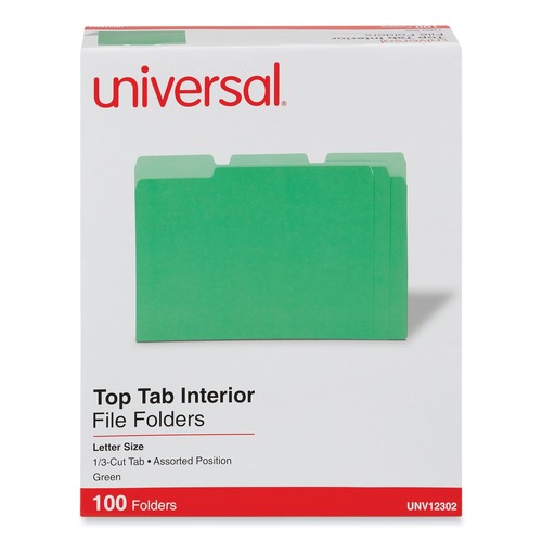 Office Jansan | Universal UNV12302 1/3-Cut Assorted Tab Interior File Folders - Letter Size, Green (100/Box) image number 0