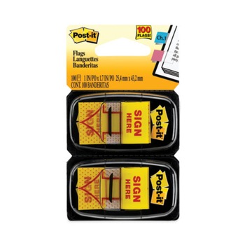 Post-it Flags 1 in. "Sign Here" Arrow Message Page Flags - Yellow (50-Flags/Dispenser, 2-Dispensers/Pack)