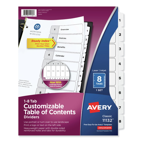 Office Jansan | Avery 11132 Ready Index 11 in. x 8.5 in. 8-Tab 1 to 8 Customizable TOC Dividers - Black and White (1-Set) image number 0